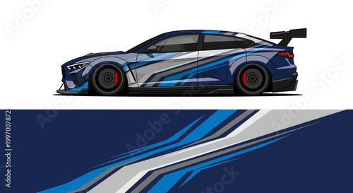 Sleek blue racing car silhouette with dynamic graphics and spoiler.