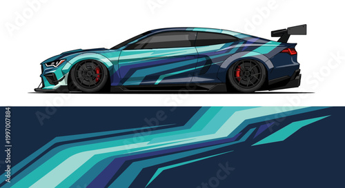 Stylized blue teal sports car illustration with dynamic geometric stripes and aerodynamic design.