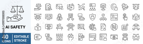 Set of 40 outline icons related to AI safety. Linear icon collection. Editable stroke. Vector illustration