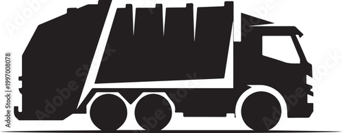 Black garbage truck, waste management vehicle, sanitation truck, recycling transport