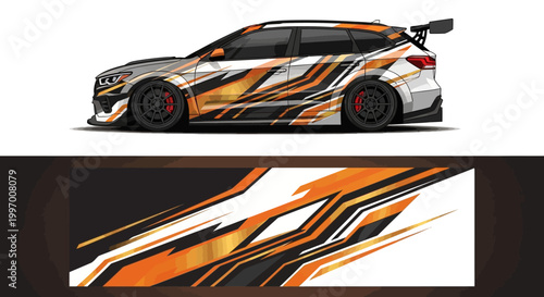 Side profile of a high speed race car in dynamic orange white and black livery.