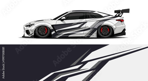 Stylized racing car illustration with dynamic graphic swooshes and sharp lines.