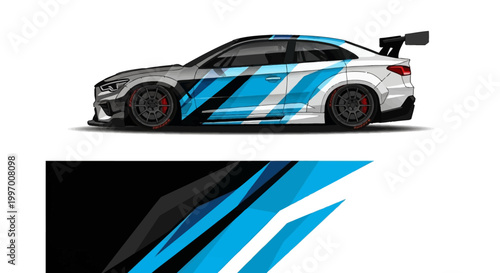 Side view race car with blue white livery and dynamic aerodynamic design on track.