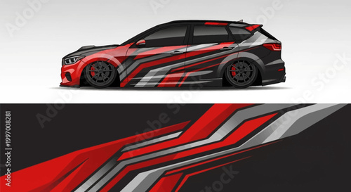 High speed red and black race car with dynamic geometric graphics and racing livery.