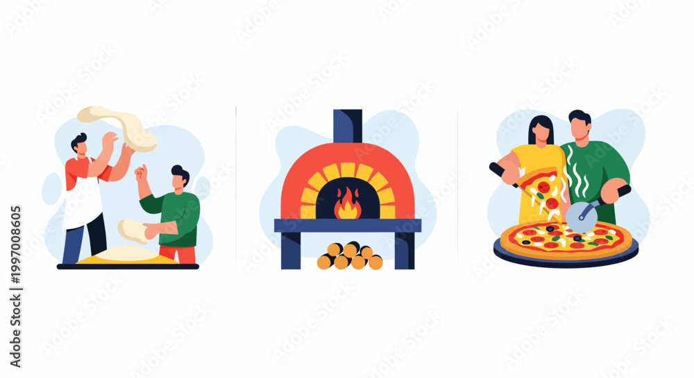 Obraz premium Artisanal pizza making process from kneading dough to baking in wood fired oven and serving fresh slices