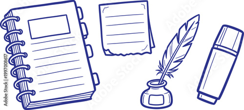 Vintage writing tools sketch a nostalgic collection of notebooks quill and inkwell illustration