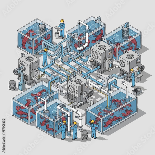Isometric illustration of industrial aquaculture system.