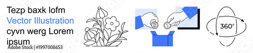 Financial transactions, e-commerce, eco-friendly, online payment, nature conservation, recycling. Hand placing a coin in a box, flowers 360-degree motion icon. Financial transactions and e-commerce