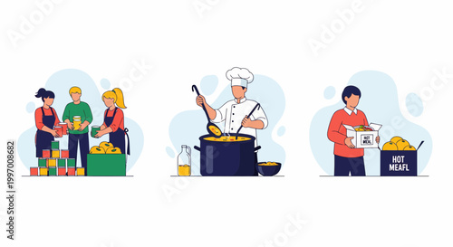 Volunteers collecting canned goods cooking soup and distributing hot meals for community charity drive support program