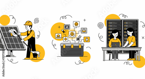 Sun power panel fix and tech team in data room with tool box set work