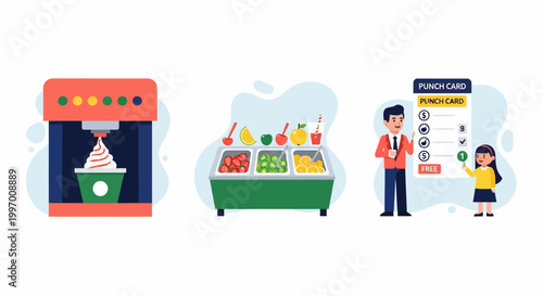 Dessert shop loyalty program with ice cream machine fruit bar girl man buy treat get free gift now