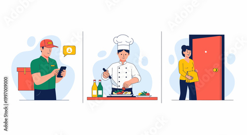 Food order flow chef cook man and girl at door for fast app task work