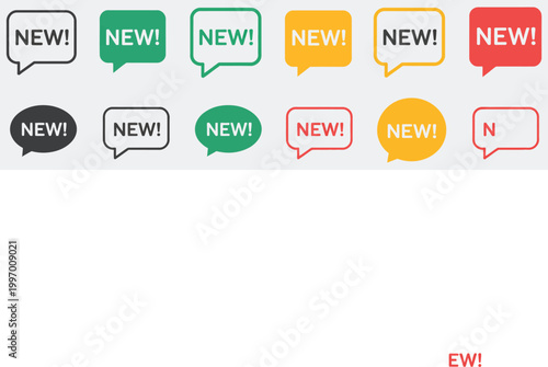 New label with speech bubble icon set, new tag and special offer symbols, new arrival stickers, promotional badge collection, clean modern vector illustration.