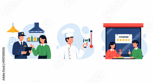 Food safety inspection process with chef checking food temperature and restaurant hygiene rating system quality standards
