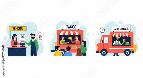 Flat food truck set with shop vendor and man buy taco at a cafe stand