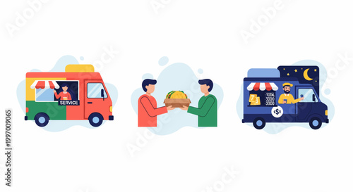 Street food truck service mobile kitchen fast food delivery business night catering taco vendor meals