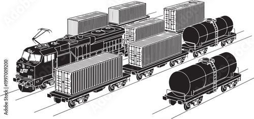 train, cargo train, freight train, industrial transport, rail transport, vector illustration