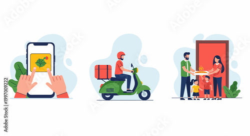 Fast app food delivery man on scooter brings hot meal for family at their home