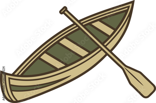 Canoe Watercraft Side Profile. Vintage Canoe Wooden Boat Style. Canoe Floating Calm Water Scene. Simple Canoe Outdoor Travel Concept. Wooden Canoe Isolated Side View. Realistic Canoe Wooden Boat
