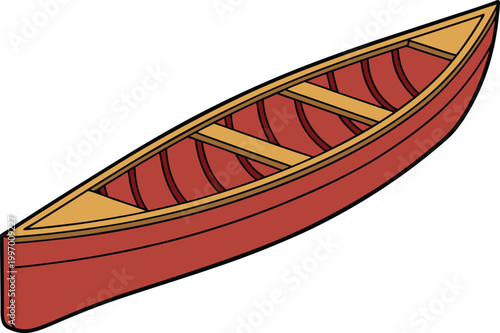 Canoe Watercraft Side Profile. Vintage Canoe Wooden Boat Style. Canoe Floating Calm Water Scene. Simple Canoe Outdoor Travel Concept. Wooden Canoe Isolated Side View. Realistic Canoe Wooden Boat