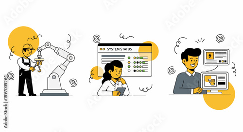 Predictive maintenance industrial automation smart factory robot arm technician staff digital system data analysis concept