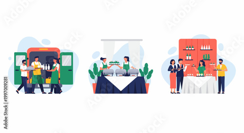 Catering team at work to prep food for a party in a van to serve guest