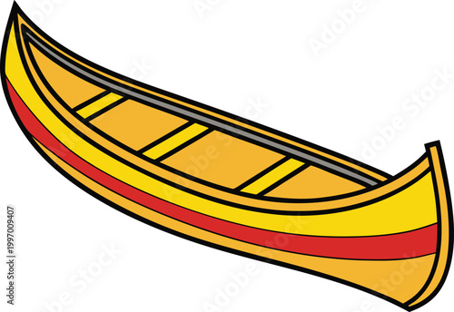 Realistic Canoe Wooden Boat Design. Traditional Canoe Watercraft Side View. Wooden Canoe Lake Travel Illustration. Classic Canoe River Adventure Scene. Canoe Boat Natural Outdoor Setting.