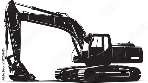 Black excavator, heavy machinery, construction equipment, industrial vehicle, silhouette