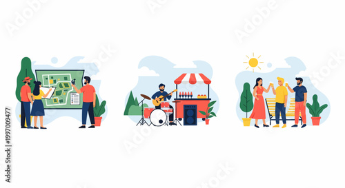 Summer food fair festival scene people looking at map live music performance and friends drinking together outdoors