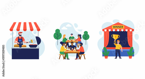 Hot food fair chef grill folk eat out and a guy wins gold cup on stage