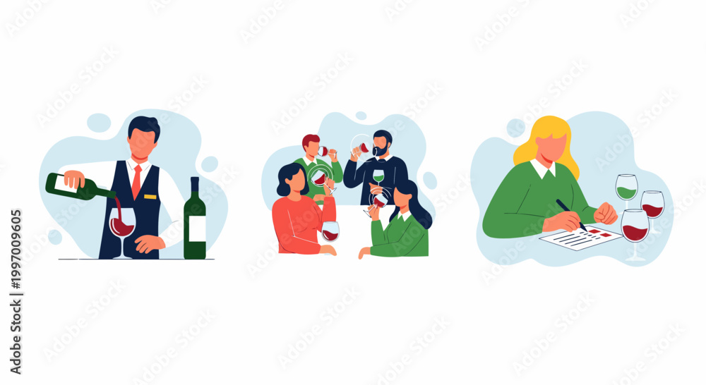 Fototapeta premium Wine tasting event with man and girl and wine cup and bar and review