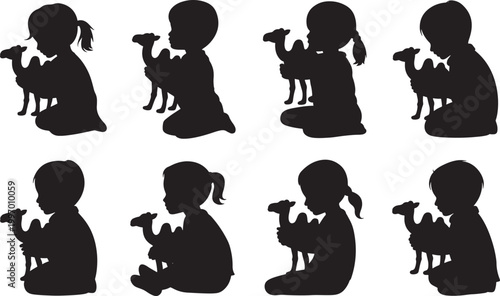 Child with Camel Silhouette Set Showing Kids Sitting and Playing with Animal, Cultural Desert Scene Illustrations for Education, Storytelling, and Creative Design Use