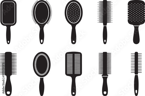 Hair Brush Silhouette Set with Different Styling Tools, Comb Variations, Salon Equipment Icons for Beauty, Haircare, Barber Shop, and Cosmetic Design Use