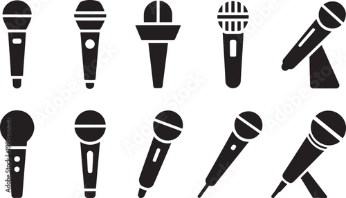 Microphone Silhouette Set with Audio Recording Devices, Studio Equipment, Singing, Podcast, Broadcasting Icons for Music, Media, Communication, and Entertainment Design
