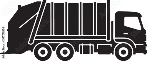 Black garbage truck, waste management vehicle, sanitation truck icon, vector illustration