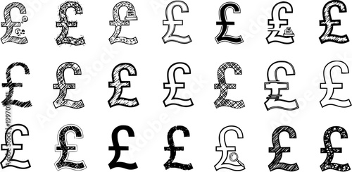Bild auf Leinwand Collection of Hand-Drawn Pound Sterling Symbols in Various Styles
