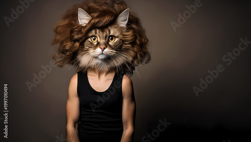 Athletic Anthropomorphic Cat in Black Tank Top with Retro Wavy Hair