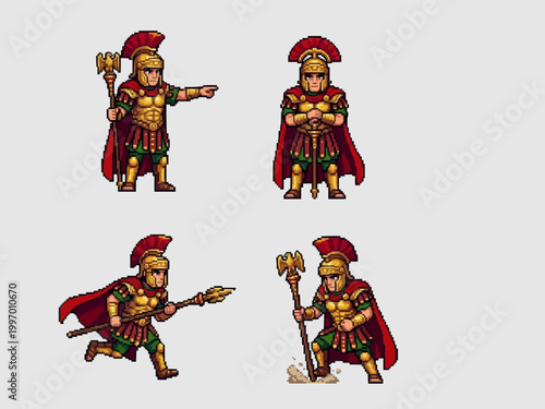 pixel art character spritesheet of a roman general wearing golden muscle cuirass and red cape with eagle staff in various poses.
