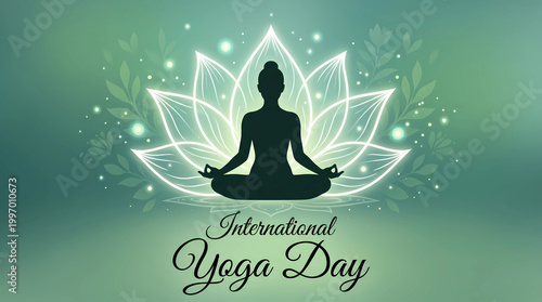 International Yoga Day Meditation Silhouette Glowing Lotus Floral Background Wellness Illustration