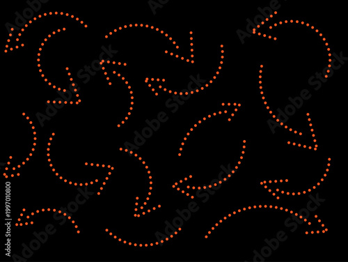 A collection of hand-drawn arrows with dotted lines. Various types of orange arrows pointing in all directions.