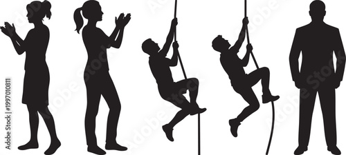 Silhouette collection of business people in various poses including climbing rope and standing professional.