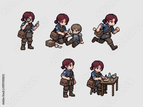 pixel art character spritesheet of a female medic with a satchel performing first aid, running, and crafting potions at table.