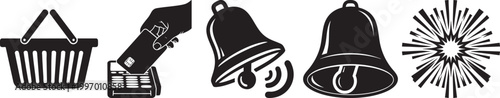 Set of commerce and notification flat icons featuring shopping basket credit card and ringing bells.