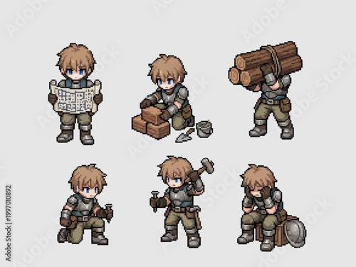 pixel art character spritesheet of a medieval builder worker carrying logs, hammering nails, and studying blueprints for construction gameplay mechanics.