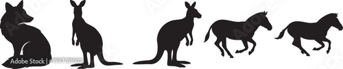 Silhouette of fox kangaroo zebra and horse for animal and wildlife representation.