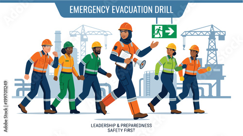 Emergency Evacuation Drill Illustration with Diverse Industrial Workers and Safety Equipment in Oil and Gas Industry