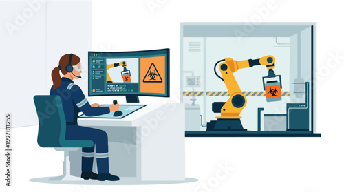 Remote Operation of Hazardous Material Handling Robot in Industrial Setting with Biohazard Symbol Displayed on Screen