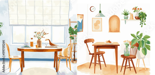 Fotografía Cozy Morning Breakfast Table Spread with Pastel Foods in Soft Watercolor Illustr