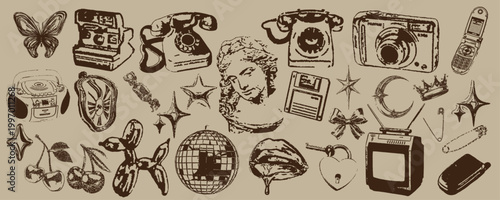 Y2K retro grunge aesthetic doodle element set featuring disco ball, old telephone, balloon dog, butterfly and celestial stars hand-drawn illustration