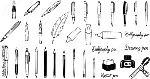 Collection of Pen, Pencil, and Art Supplies in Sketchy Hand-Drawn Style